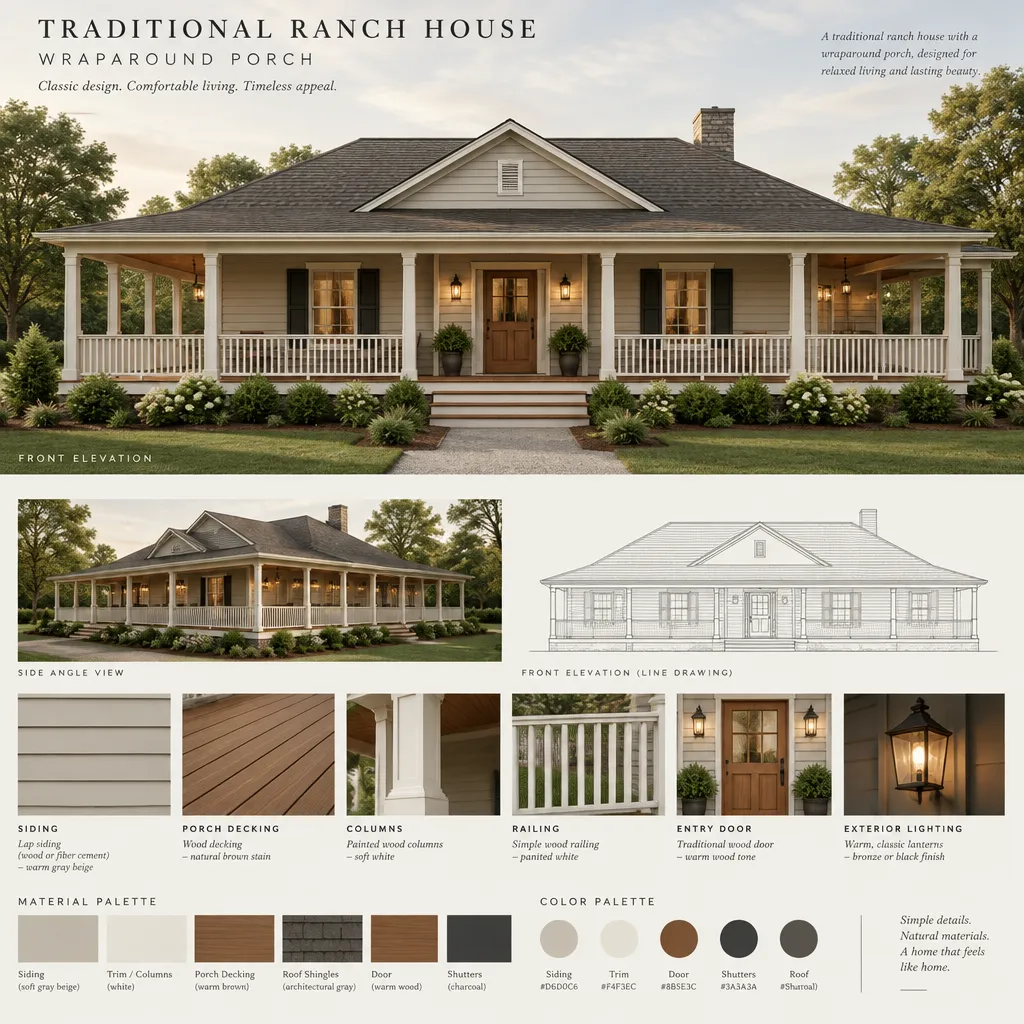 Traditional materials and details for a ranch house wraparound porch