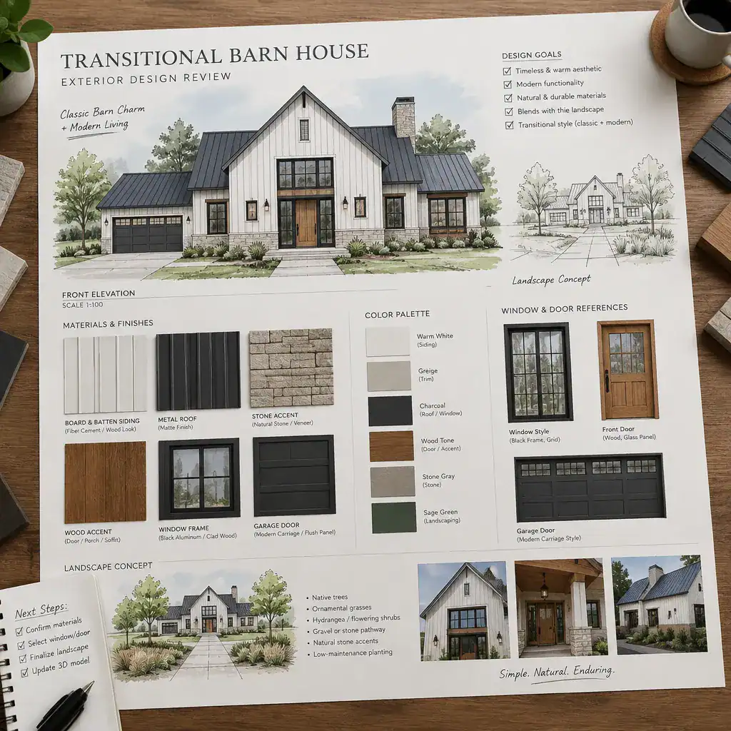Transitional barn house exterior design review with facade sketches material samples and color swatches