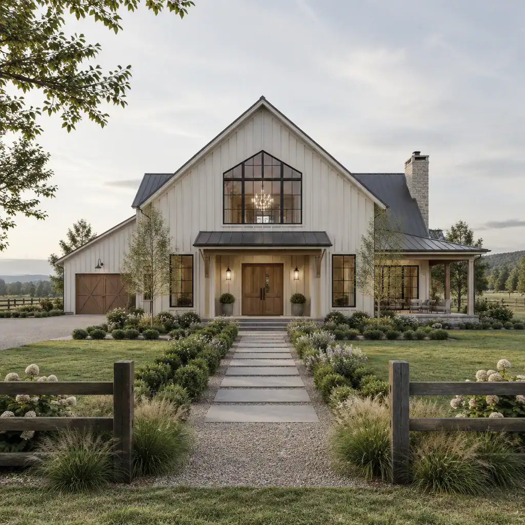 Transitional barn house exterior integrated with restrained landscaping and a simple entry path
