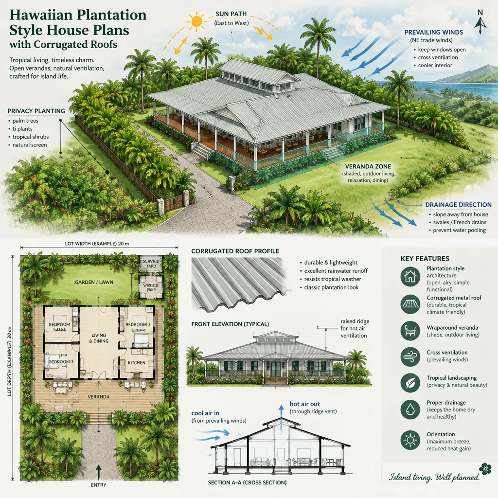 Tropical site plan for a Hawaiian plantation style house