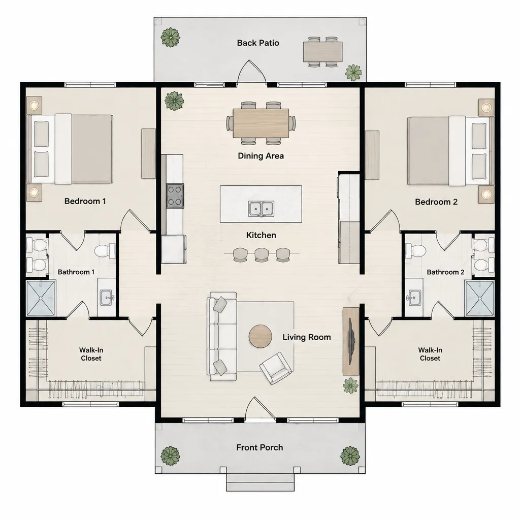 Two bedroom ranch house plan with open living kitchen and dining layout
