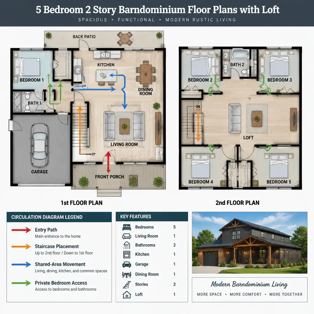 Two-story barndominium circulation and privacy diagram