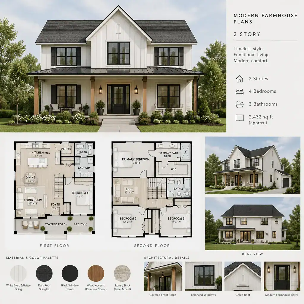 Two-story modern farmhouse exterior with a covered porch and simple gabled roof