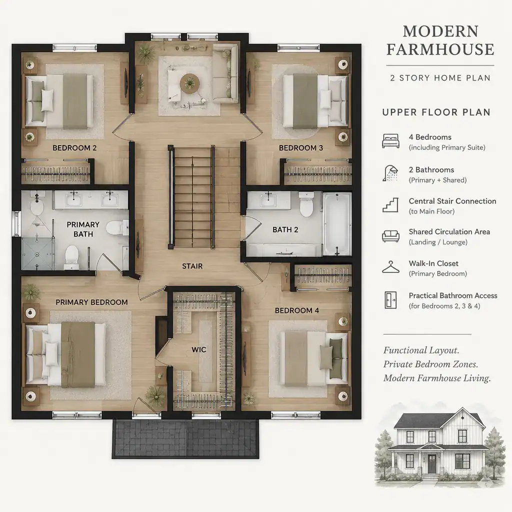 Upper-floor zoning concept for a two-story modern farmhouse plan