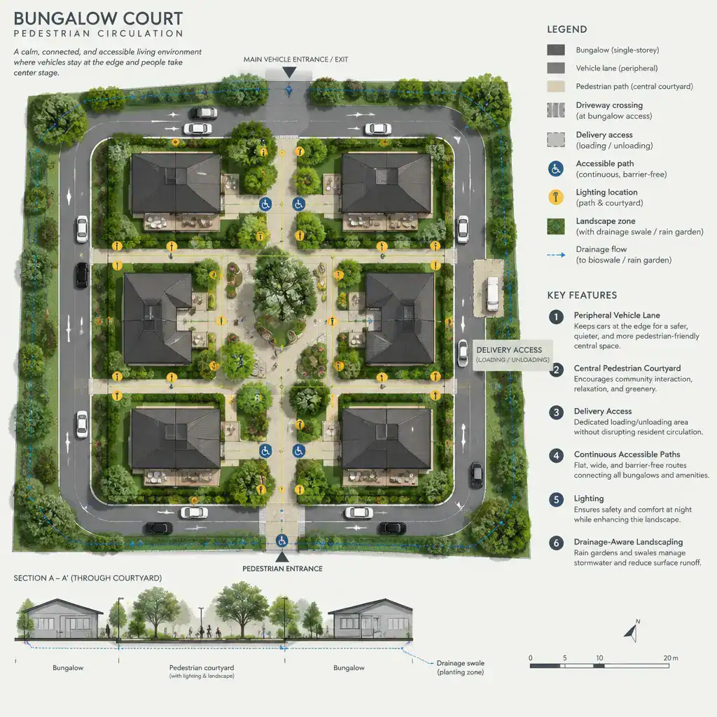 Vehicle and pedestrian circulation plan for a bungalow court