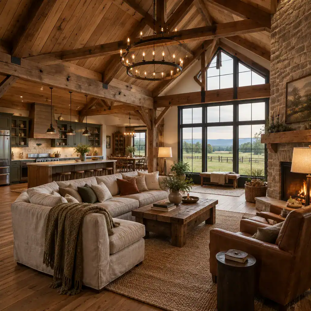 Warm barn house interior with timber structure and country-style furnishings