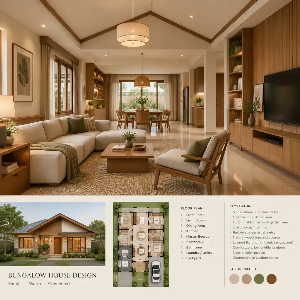 Warm bungalow living and dining area with coordinated natural details