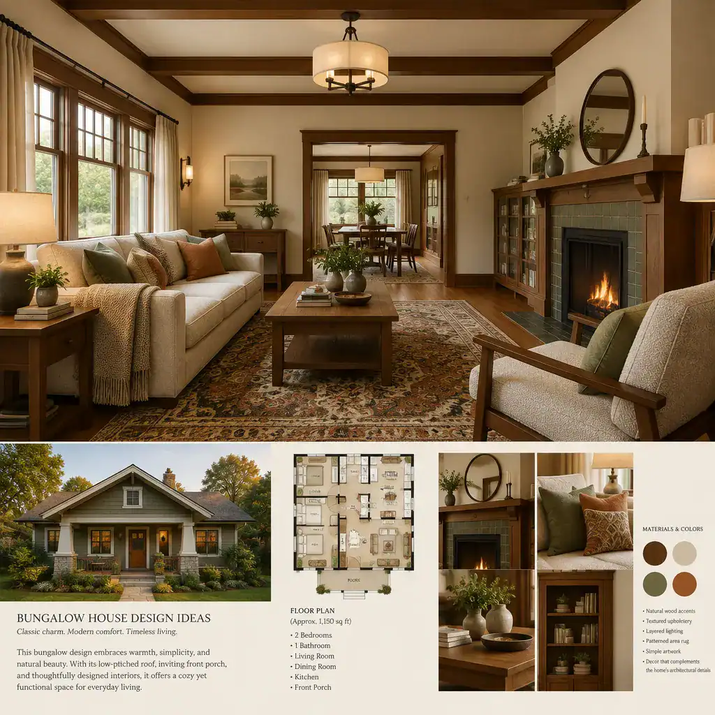 Warm bungalow living room with natural materials and scaled furniture
