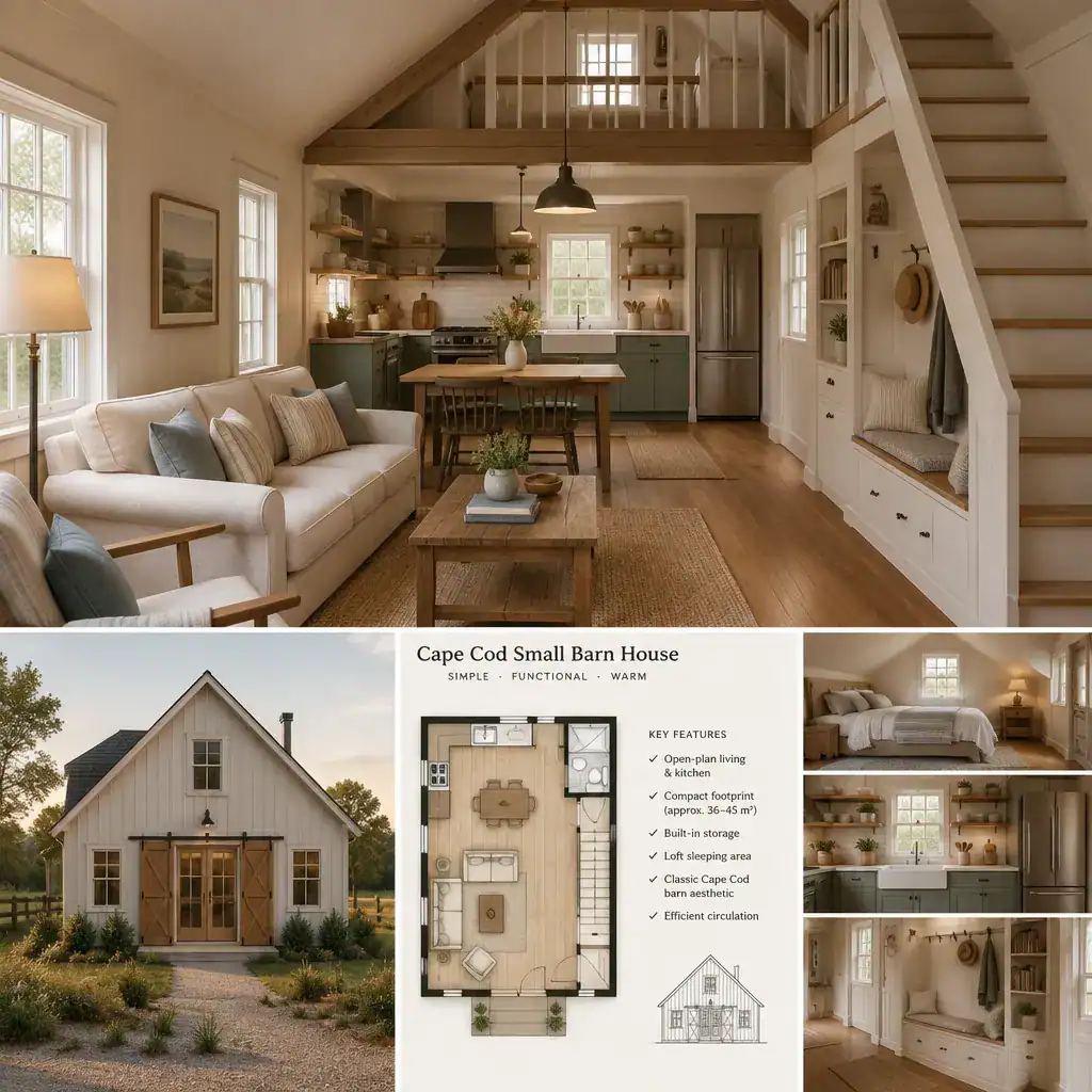 Warm compact Cape Cod barn house interior with practical storage