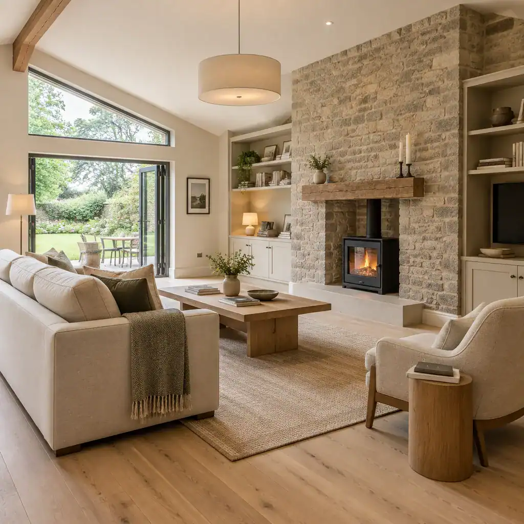 Warm Contemporary Cottage Living Room With An Exposed Stone Wall