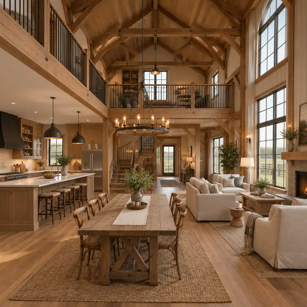 Warm country barn house interior with timber beams and open living area