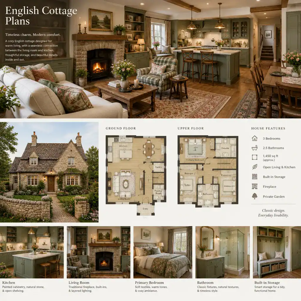Warm English cottage interior with fireplace, wood details, and practical furnishings