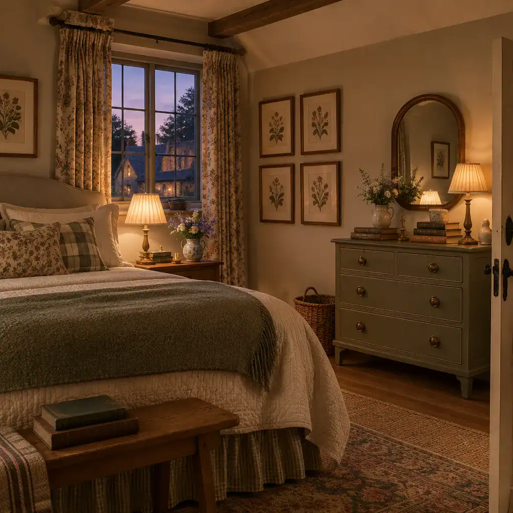 Warm lighting and botanical accessories in an English cottage bedroom