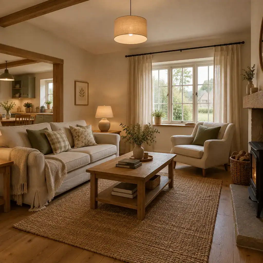 Warm Lighting And Simple Decor In A Cottage Sitting Area