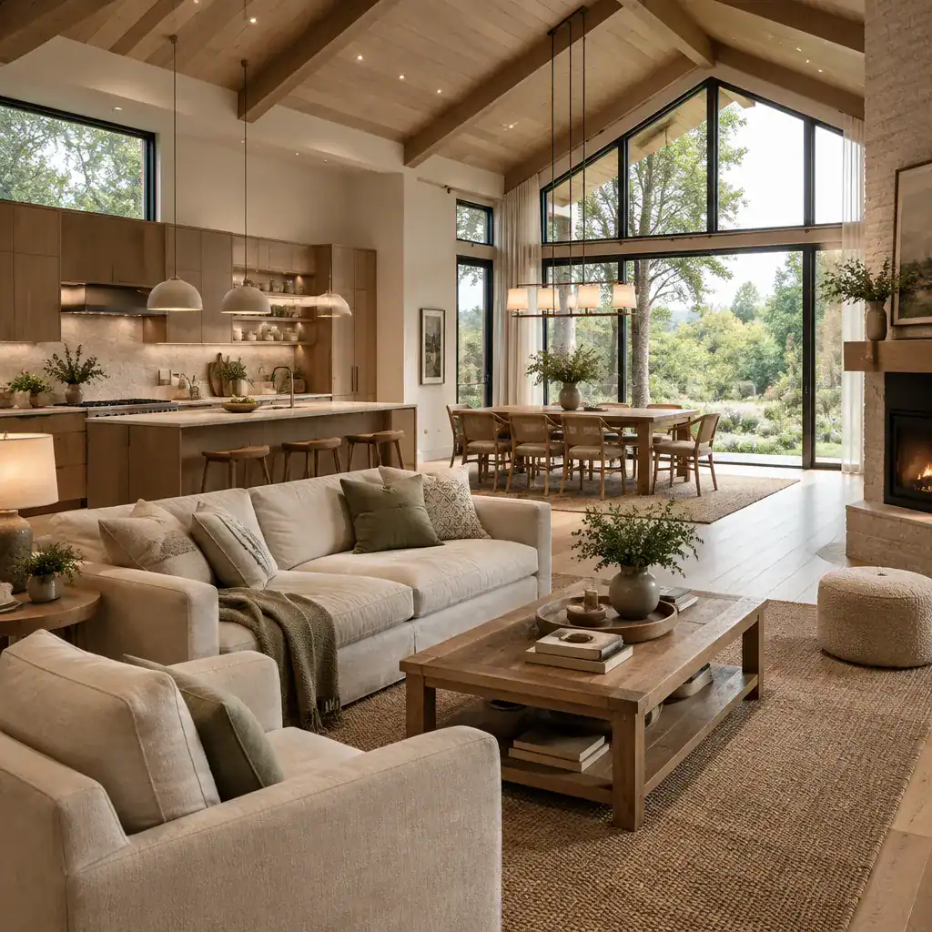 Warm Luxury Modern Cottage Interior With Connected Living And Kitchen Spaces