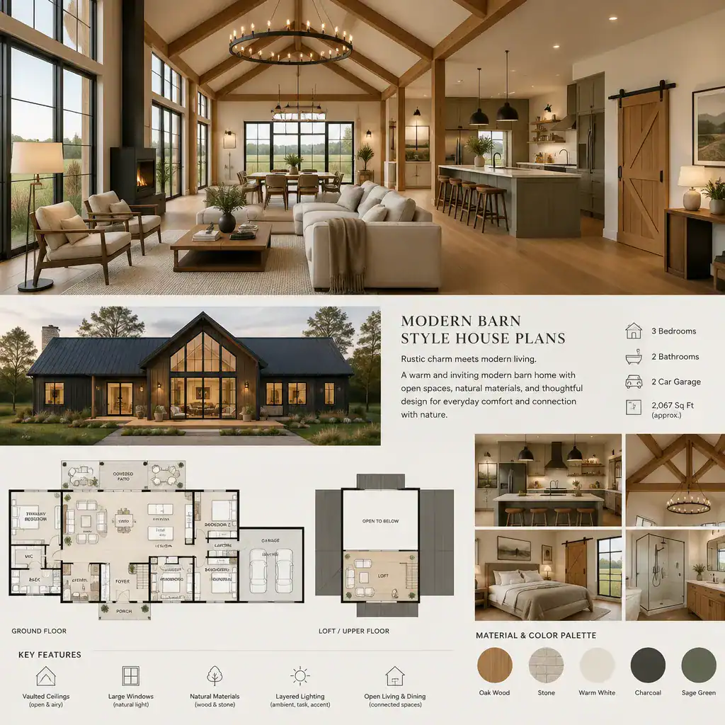 Warm modern barn house interior with contemporary furniture and timber accents
