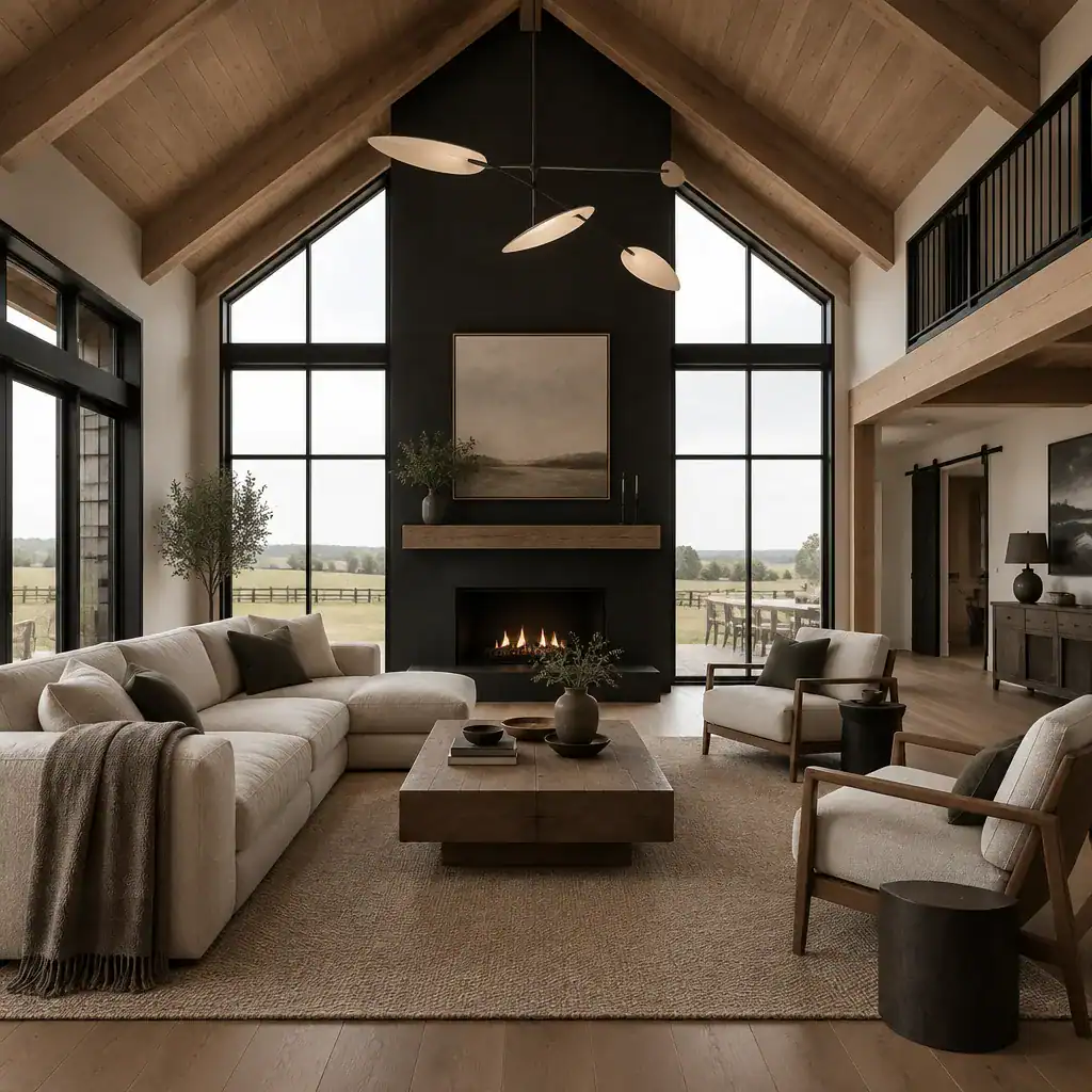Warm modern barn house living room with neutral furniture and natural wood