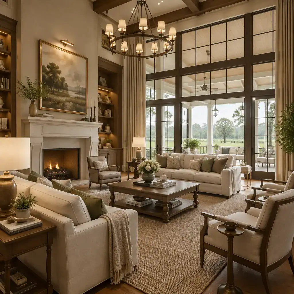 Warm Modern Plantation House Living Room With Tall Windows And Refined Furnishings