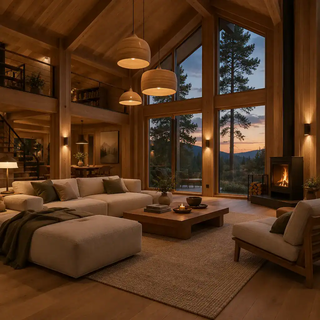 Warm Modern Timber Cabin Living Room With Layered Lighting