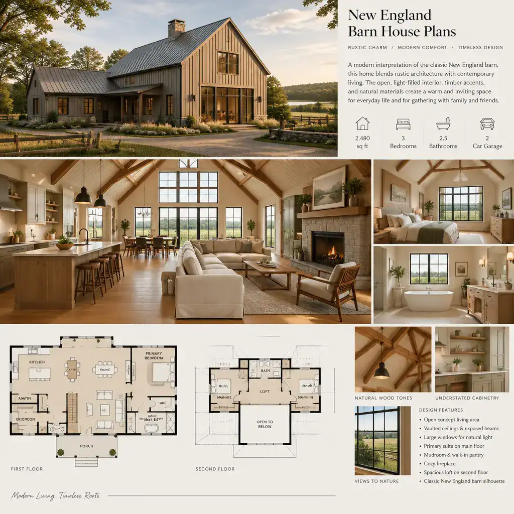 Warm New England barn house interior with timber accents and open living space