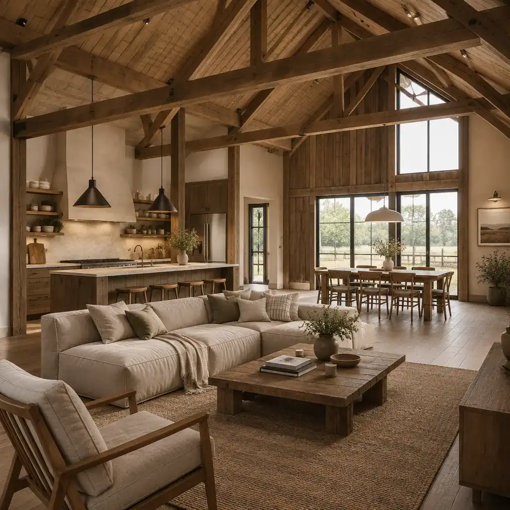 Warm barn house interior with exposed structural character and modern furnishings