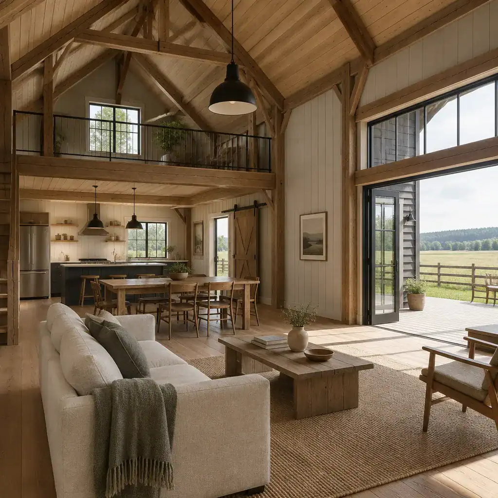 Warm classic barn style house interior with restrained materials and natural light