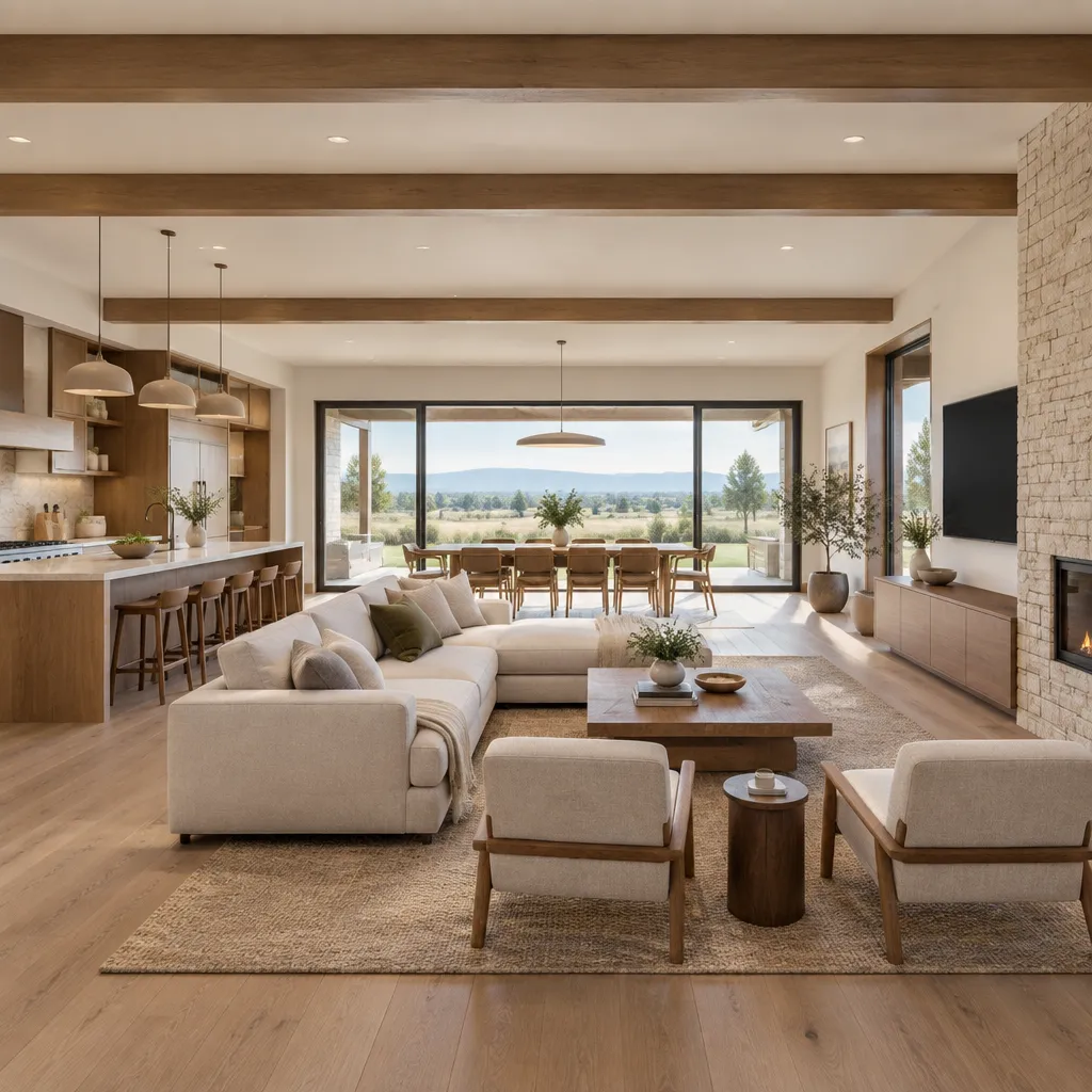 Warm contemporary ranch house interior with open living, kitchen, and dining areas