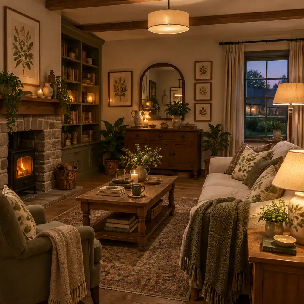 Warmly Lit Cottage Living Room With Curated Decorative Accessories