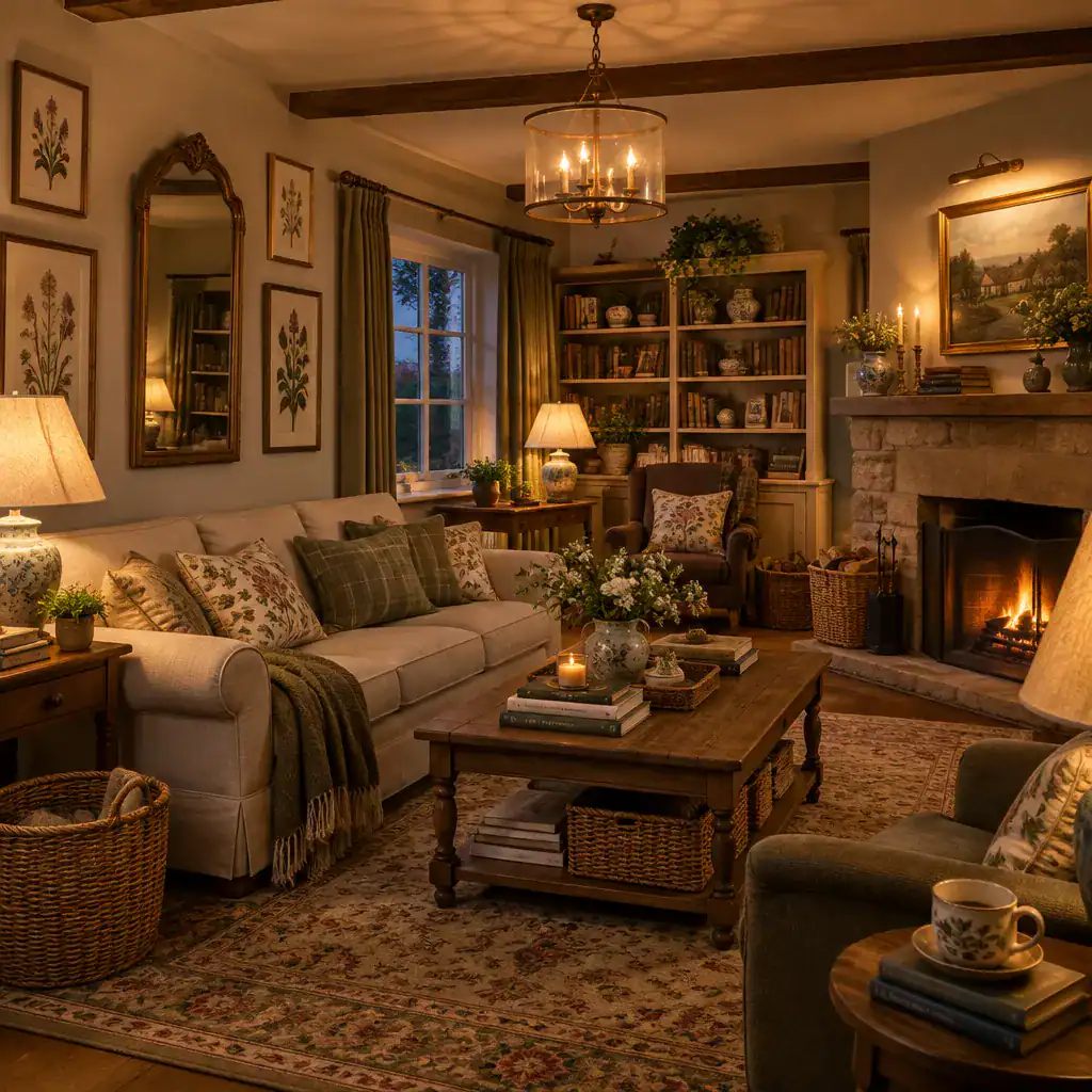 Warmly lit English cottage living room with botanical art and collected accessories