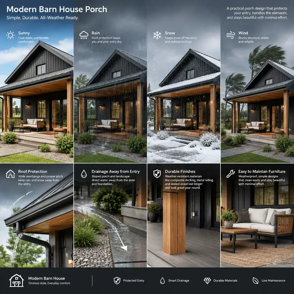 Weather-conscious modern barn house porch with durable finishes and roof protection