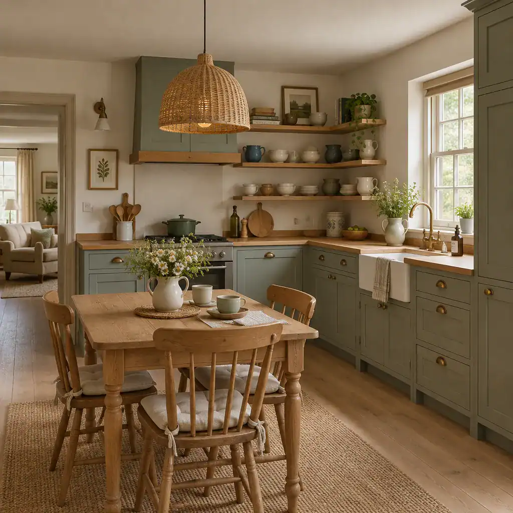 Welcoming Cottage Kitchen With Painted Cabinets And Open Shelving