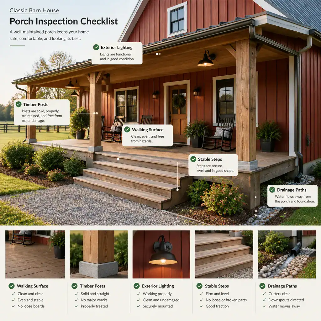 Well-maintained classic barn house porch with safe steps, lighting, and clear drainage