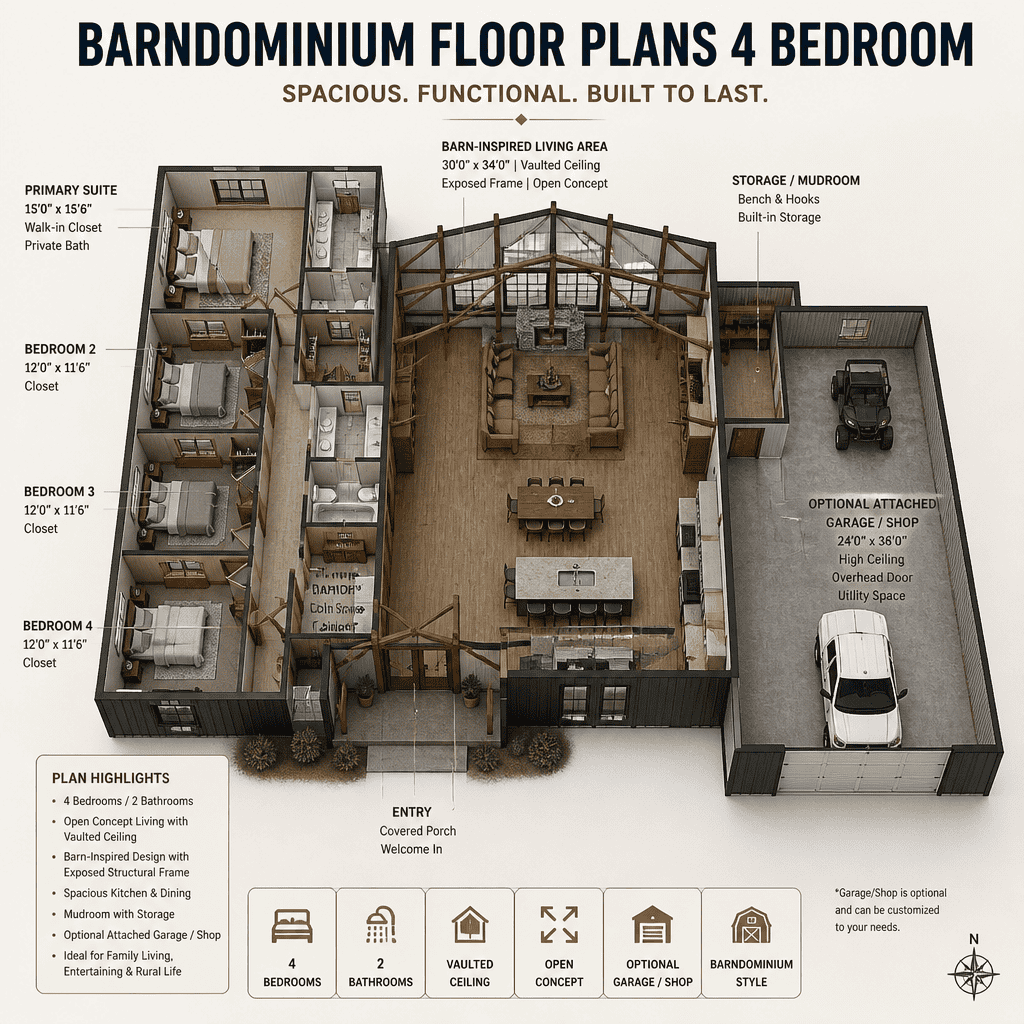 barn style structure integrated with four bedroom barndominium layout