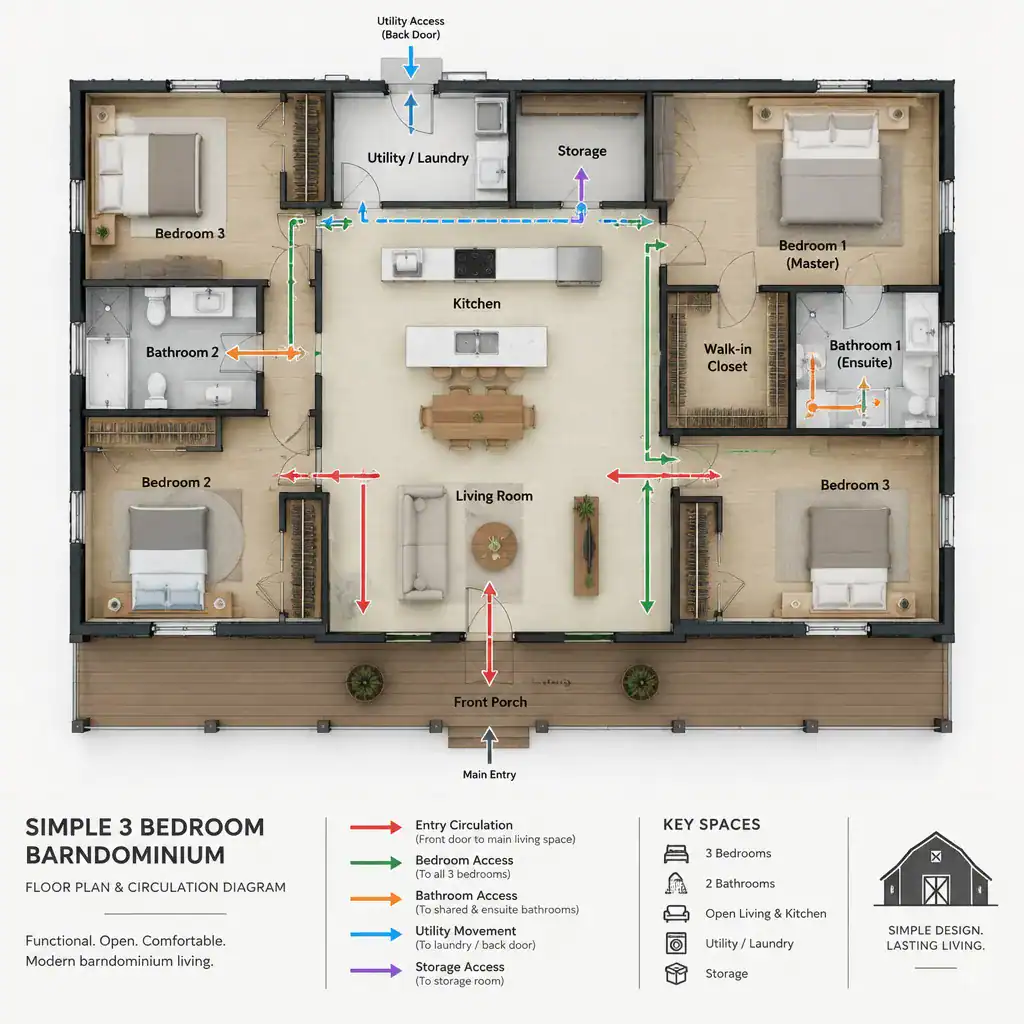 barndominium circulation and storage planning diagram
