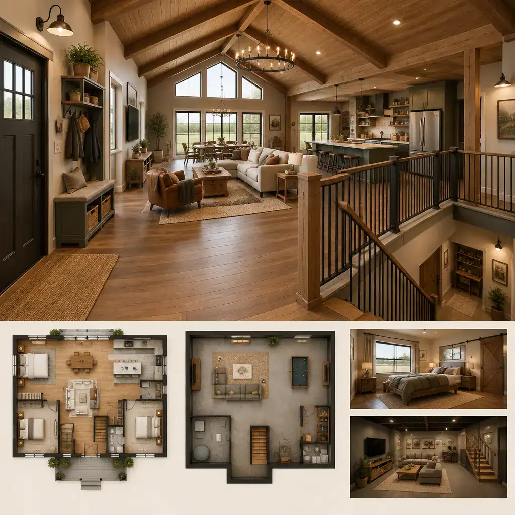 barndominium entry and basement stair connection