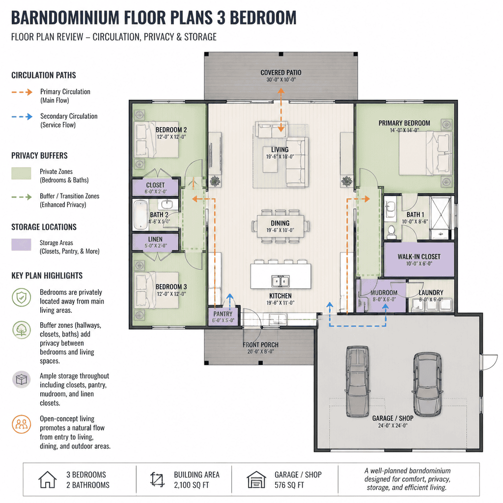 barndominium floor plan circulation privacy and storage review