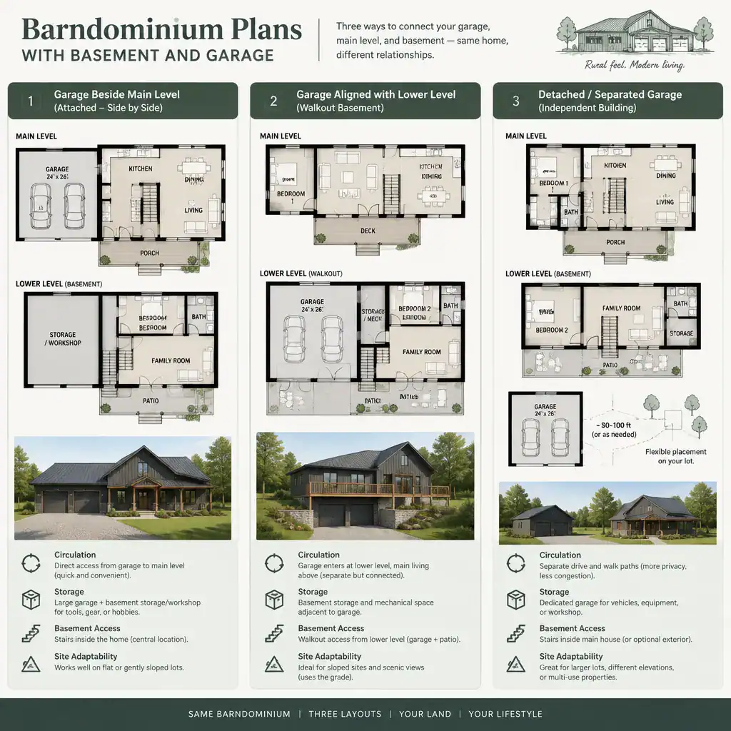barndominium floor plan comparison with basement and garage options