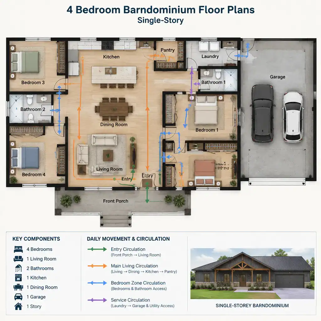 barndominium floor plan storage and circulation diagram