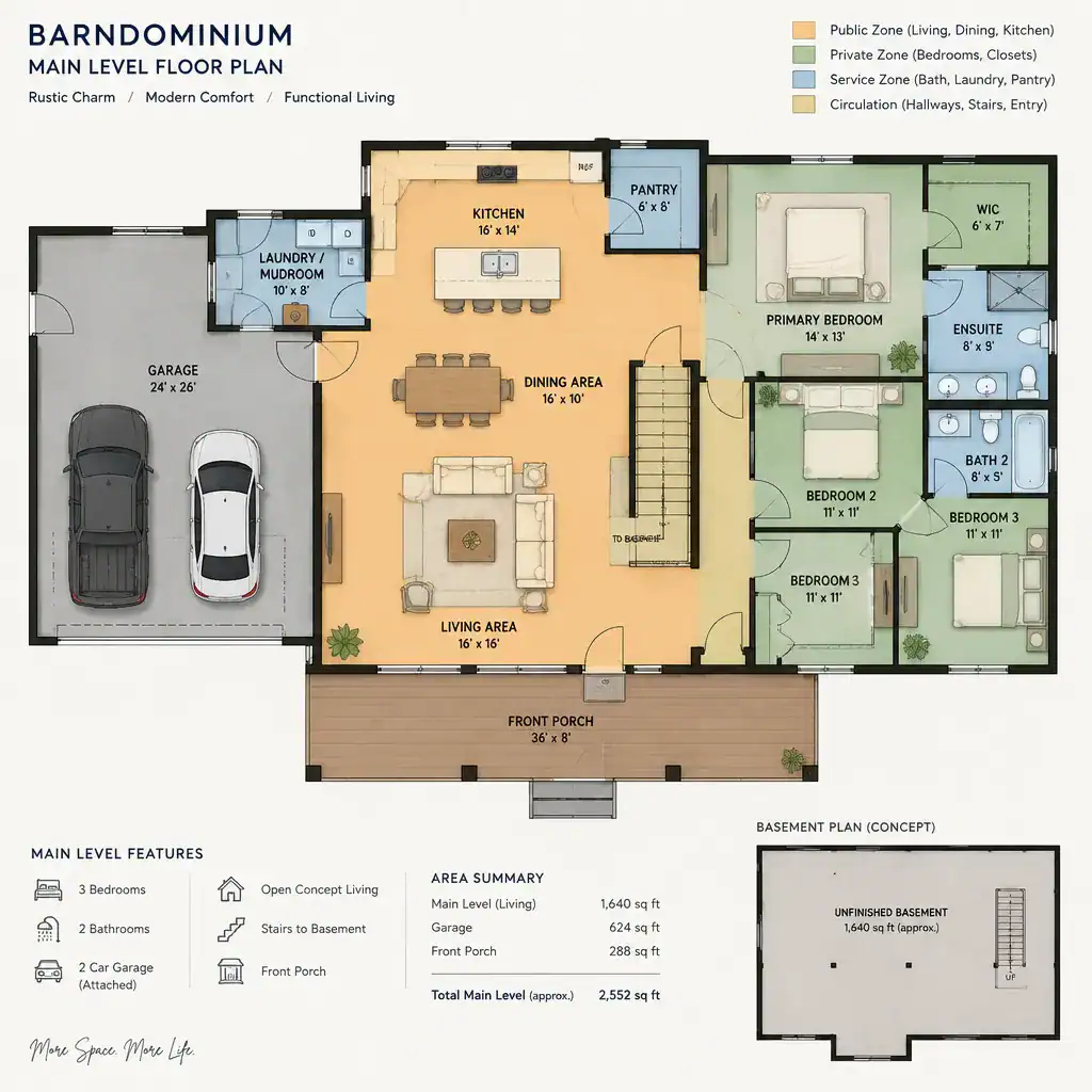 barndominium main level zoning with garage and basement stairs