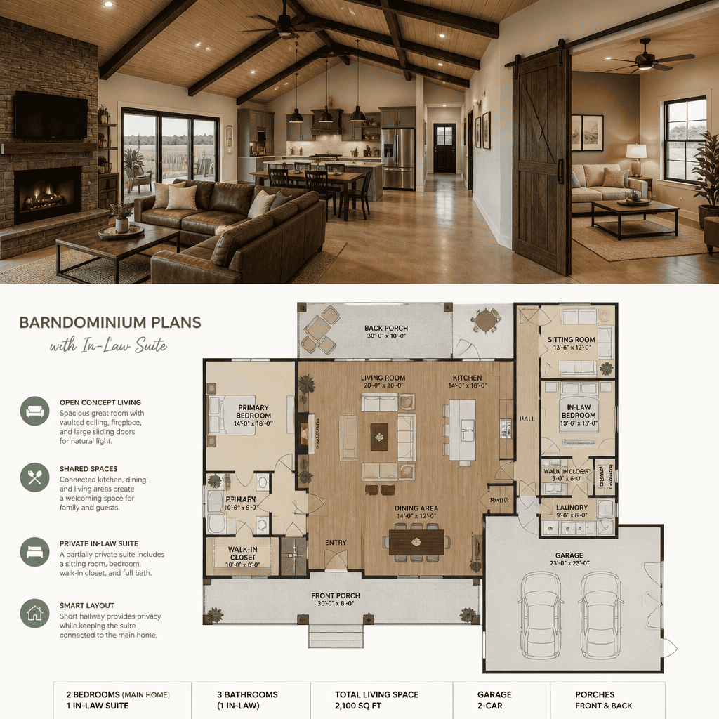 barndominium shared living area beside a private in-law suite