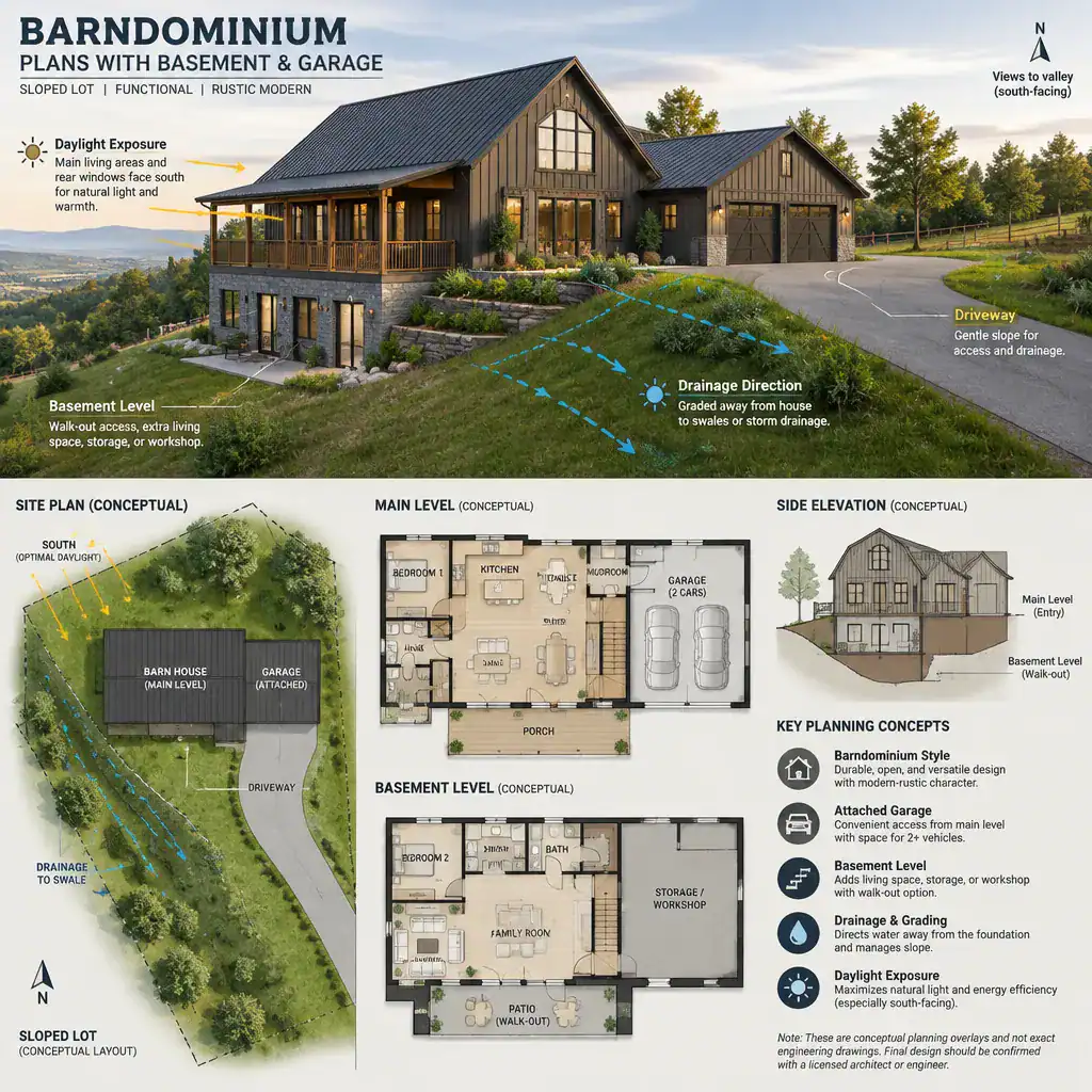 barndominium site plan with basement garage slope and drainage considerations