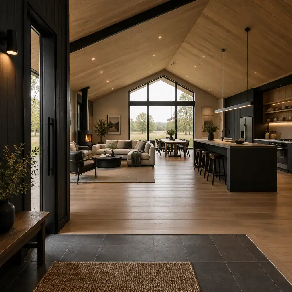 black modern barn house open plan living kitchen and dining area