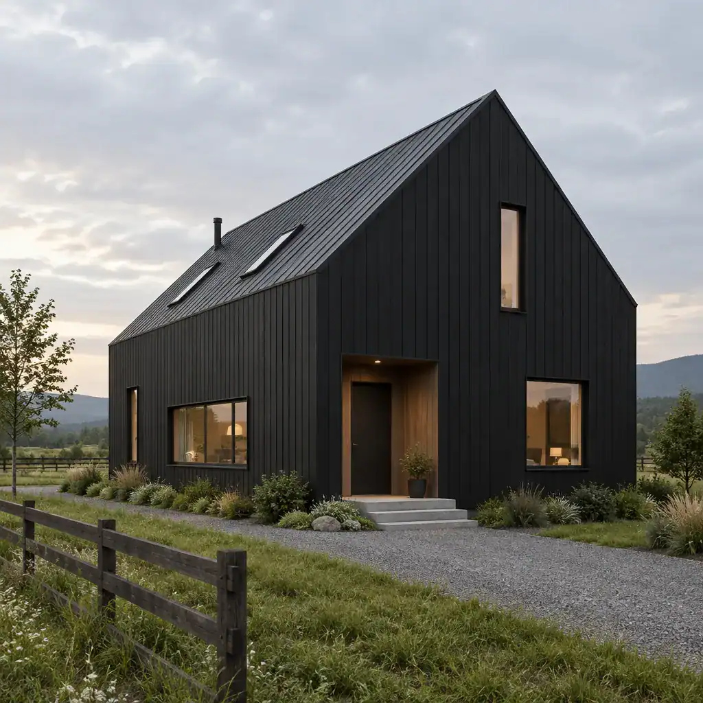 black modern barn house with simple gabled form