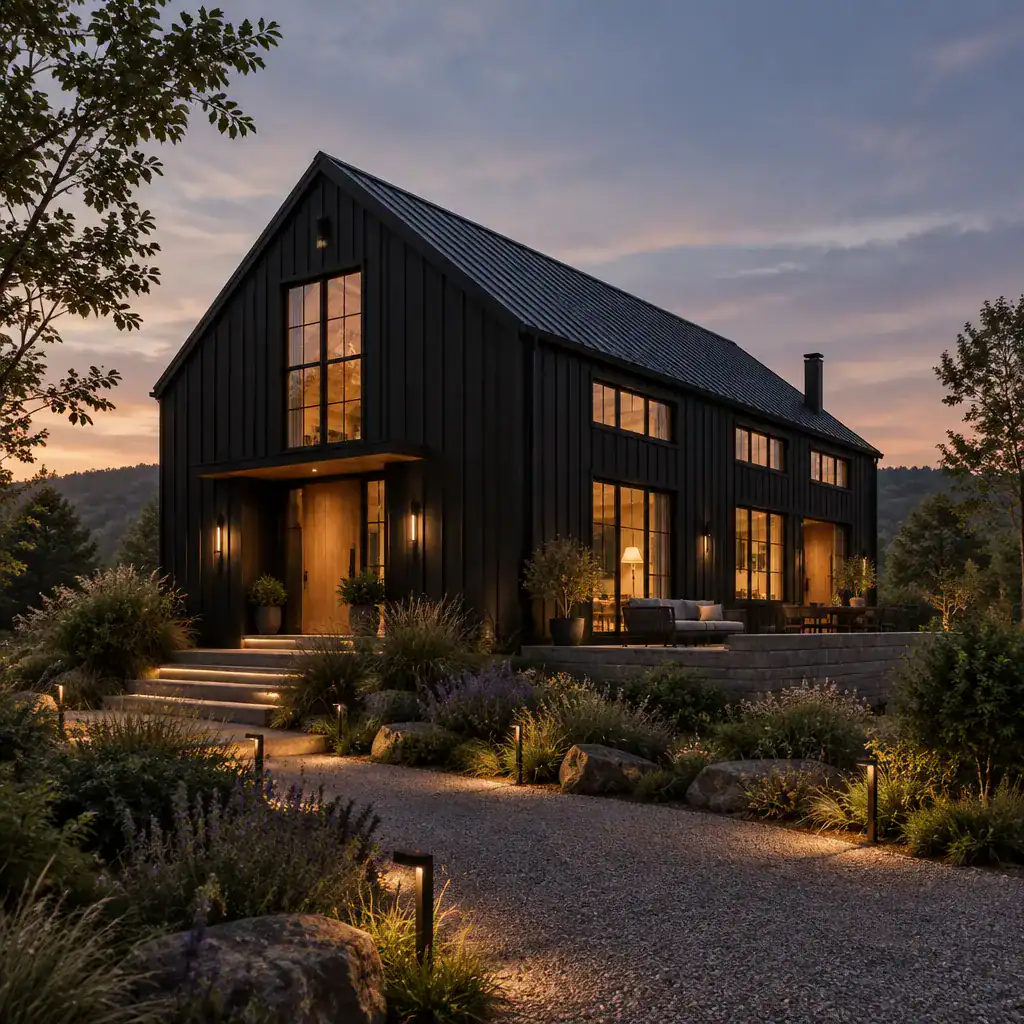 black modern barn house with warm exterior lighting and landscape