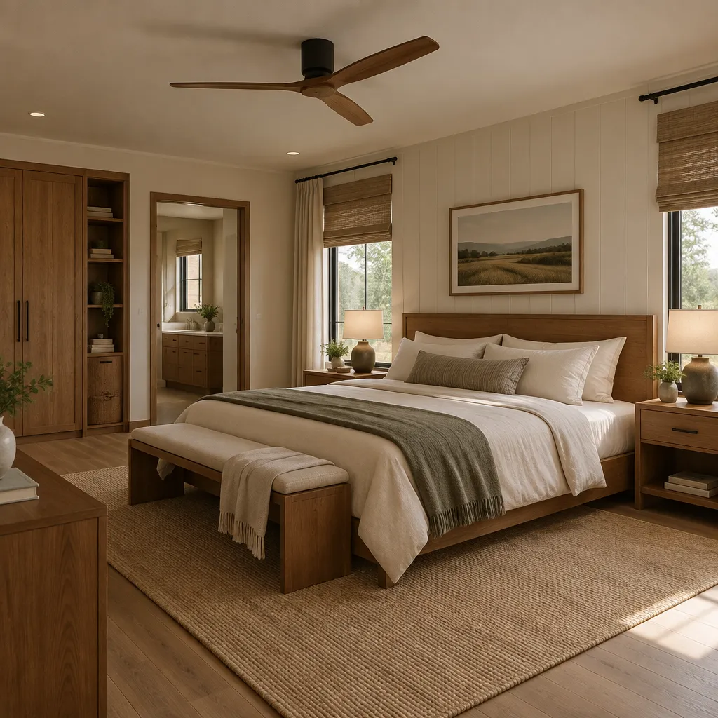 calm modern ranch bedroom with warm wood furniture and soft neutral textiles