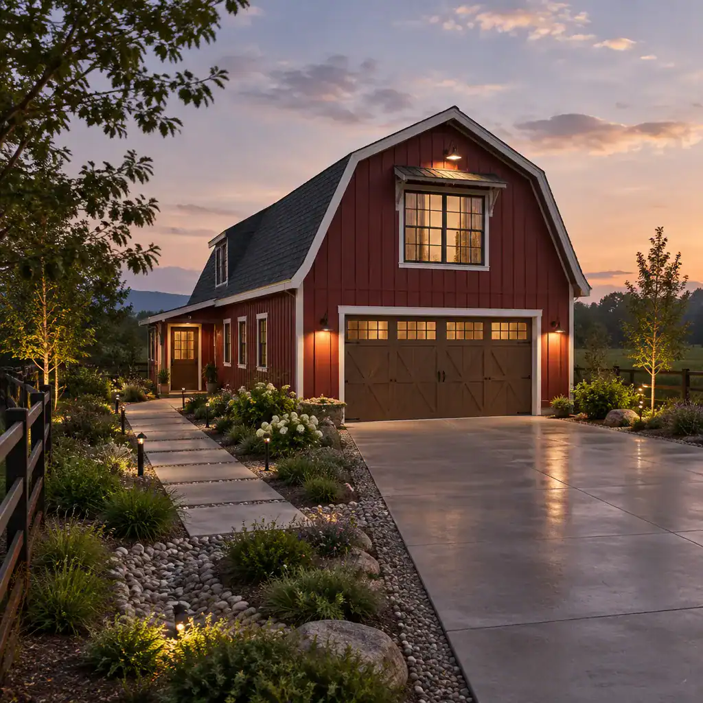 classic barn house garage arrival area with driveway pedestrian path and subtle lighting