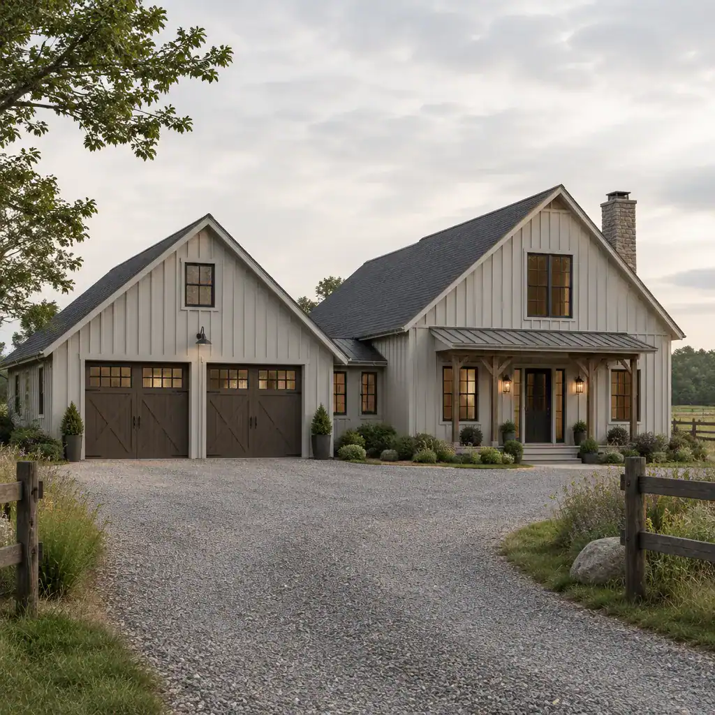classic barn house garage exterior with coordinated gabled roof and traditional garage doors