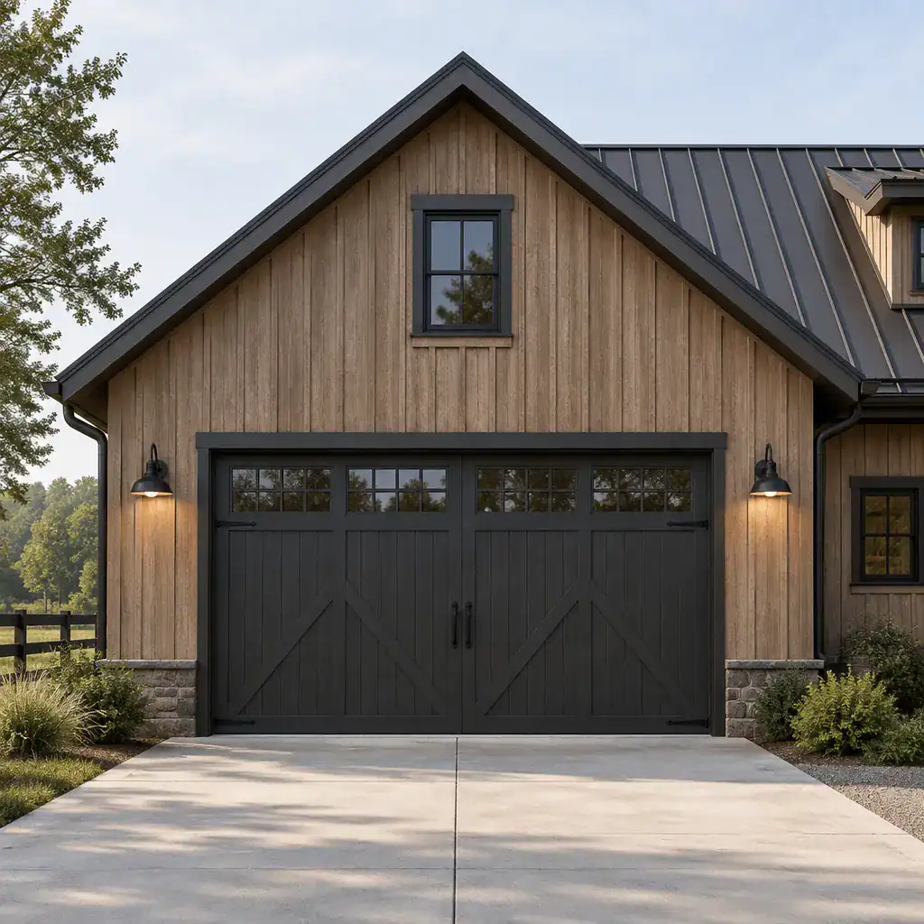classic barn house garage facade with coordinated siding trim door and lighting