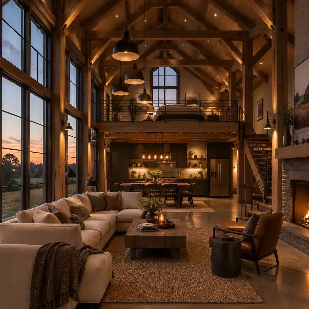 classic barn house loft layered lighting and tall windows