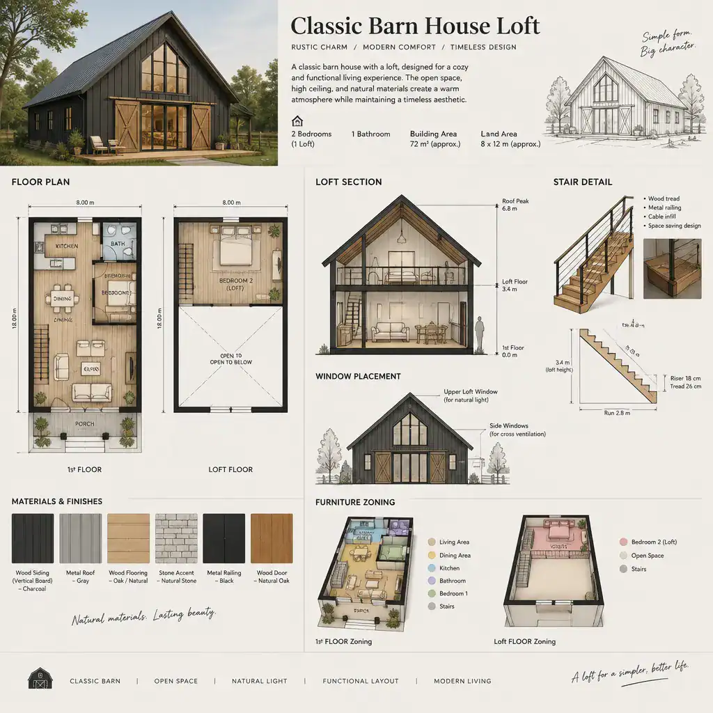 classic barn house loft planning board with floor plan